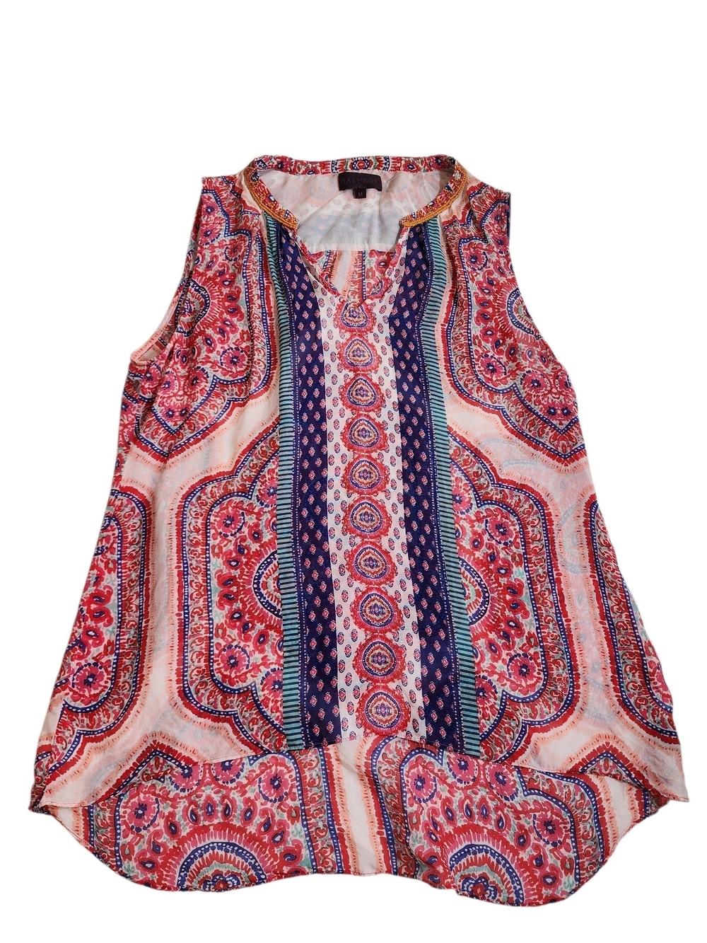 Hale Bob 100% Silk Sleeveless Blouse Top Beaded Neck Paisley Print Size M